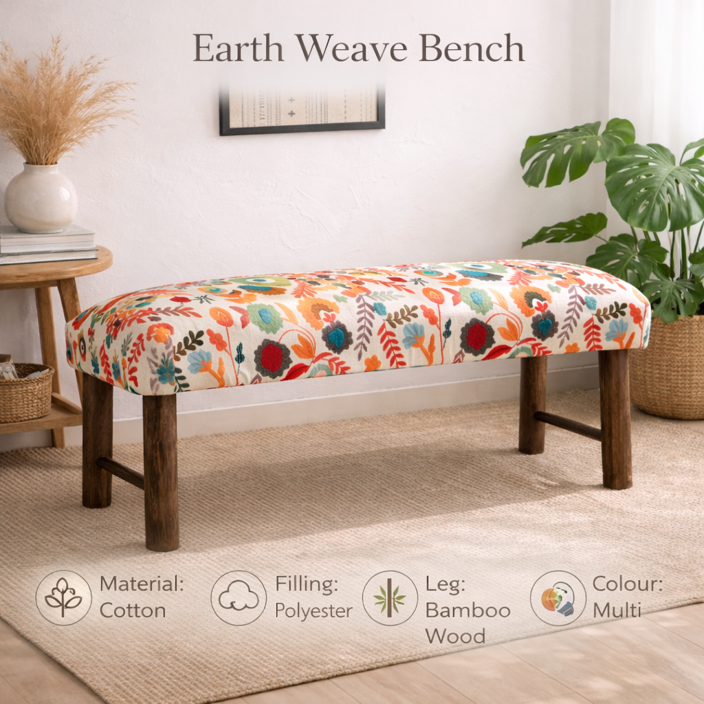 Floral Cotton bench Upholstered with Wooden Legs 114 cm