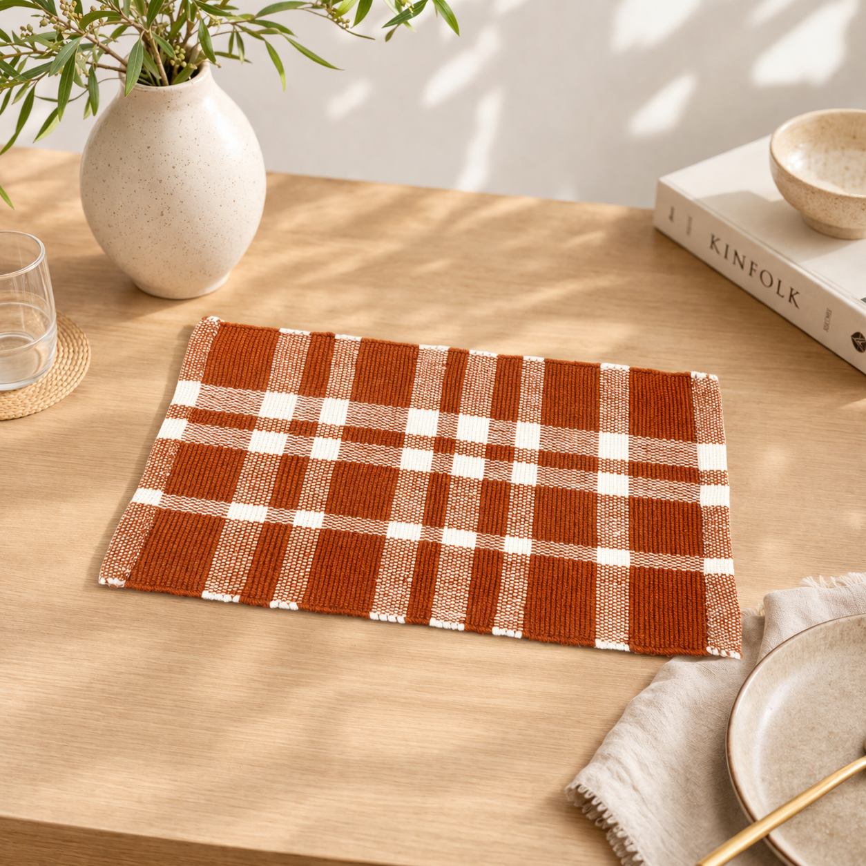 Rust Checker Stripe Placemat – Durable Polyester Table Mat for Dining and Kitchen