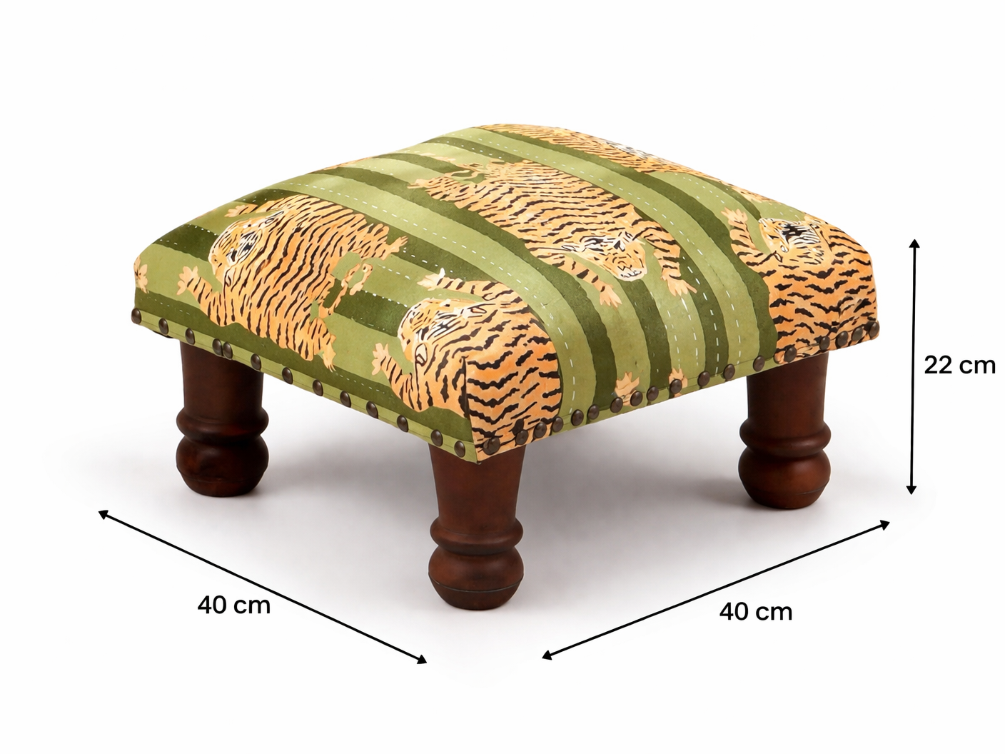 Handcrafted Green Jungle Stripe Cotton Footstool, Wooden Leg