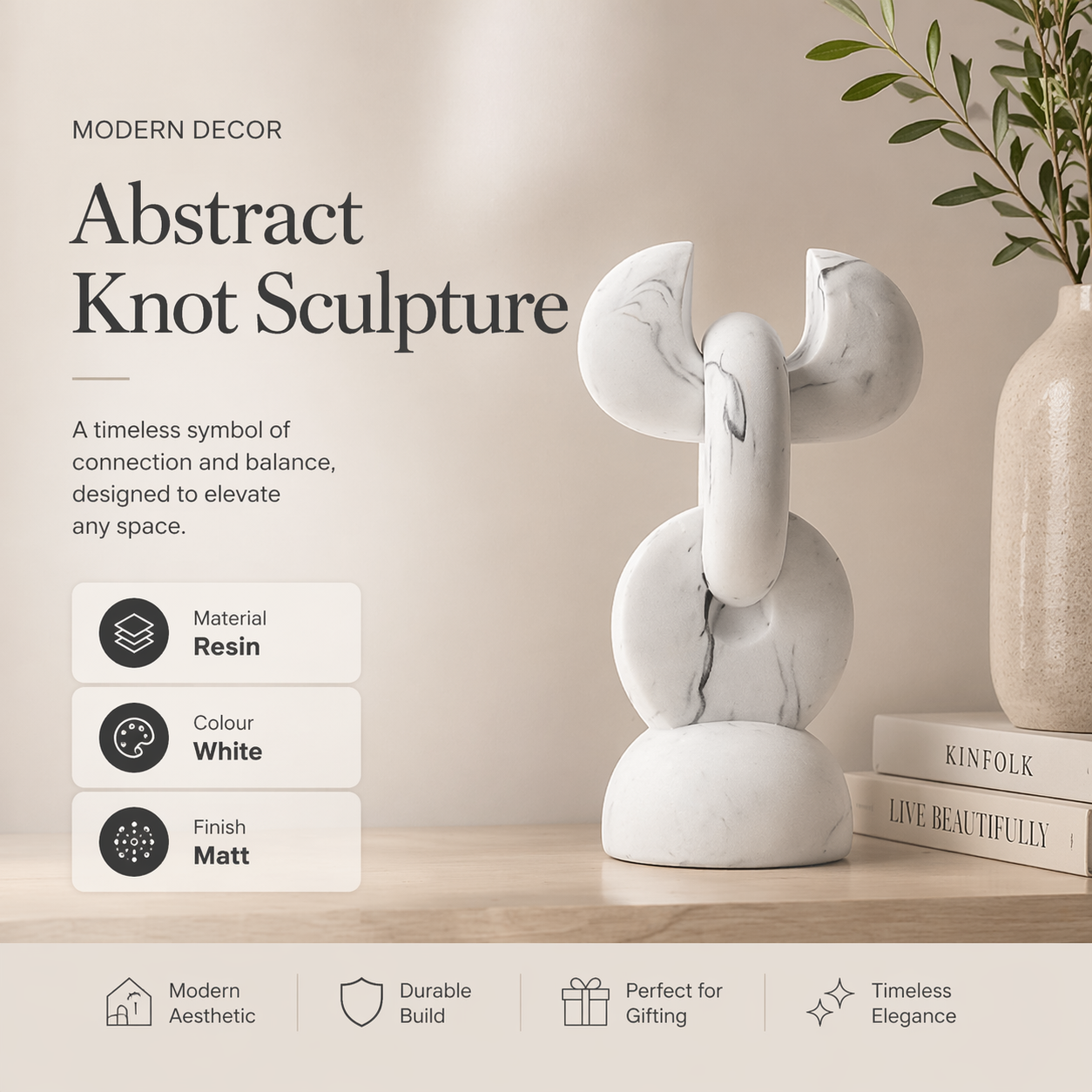 Abstract Knot Sculpture in White Matte Polyresin