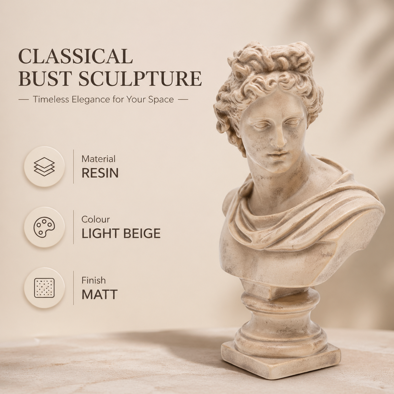 Beige Classical Greco-Roman Bust Sculpture – Resin Decorative Accent, 18.8 x 14 x 30 cm