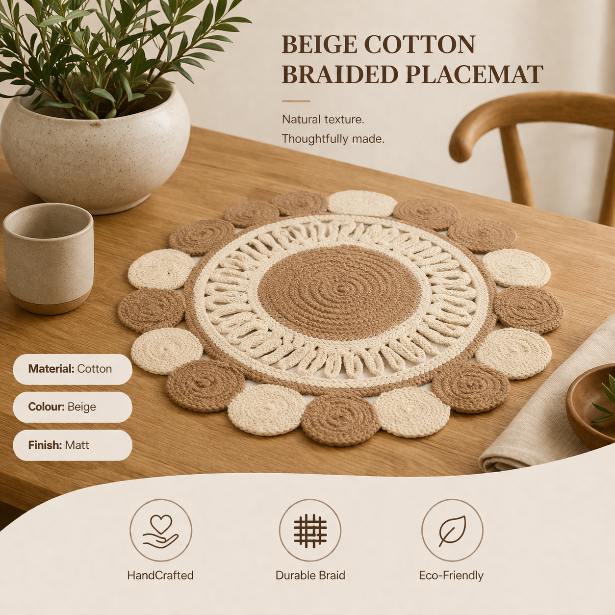 Beige Cotton Braided Placemat – Handcrafted Dining Mat