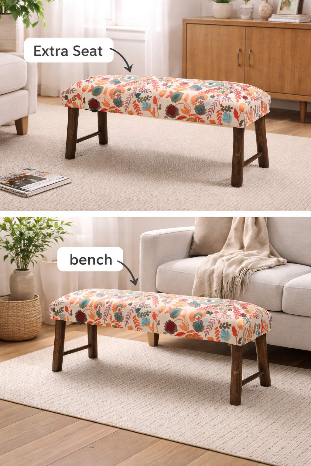 Floral Cotton bench Upholstered with Wooden Legs 114 cm