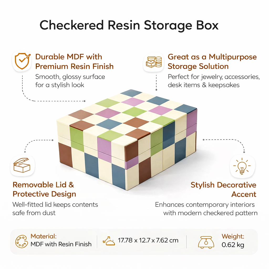 Checkered Resin Storage Box 7x5x3 Inch Glossy MDF Décor
