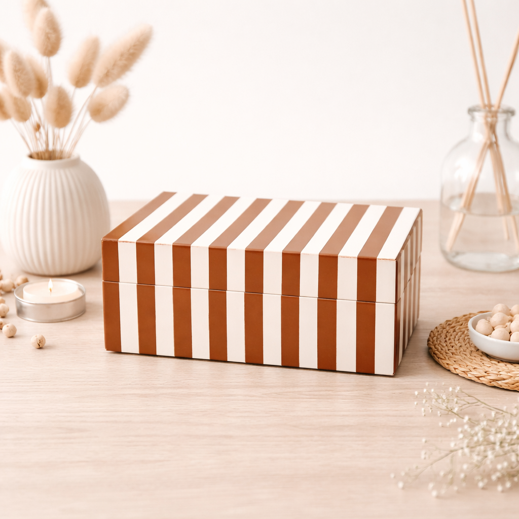 Brown Striped Resin Storage Box MDF Decorative Organizer