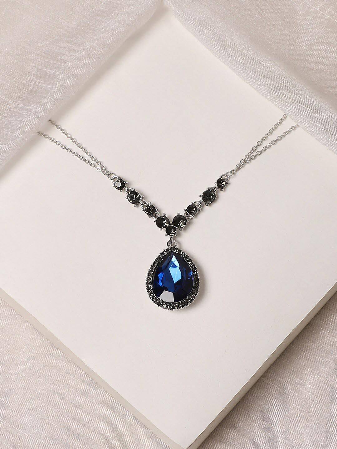 Blue Stone-Studded Necklace – Silver-Plated Alloy Jewellery – 42cm Length