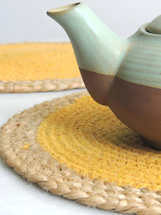 Set of 2- Dining Table Mats – Round Placemats – Jute Cotton Braided