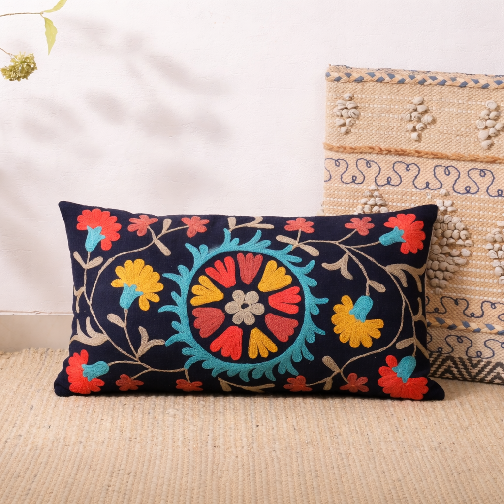 Indigo Aari Embroidered Cotton Lumbar Cushion 35 x 60 cm