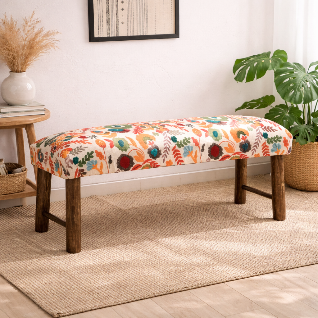 Floral Cotton bench Upholstered with Wooden Legs 114 cm