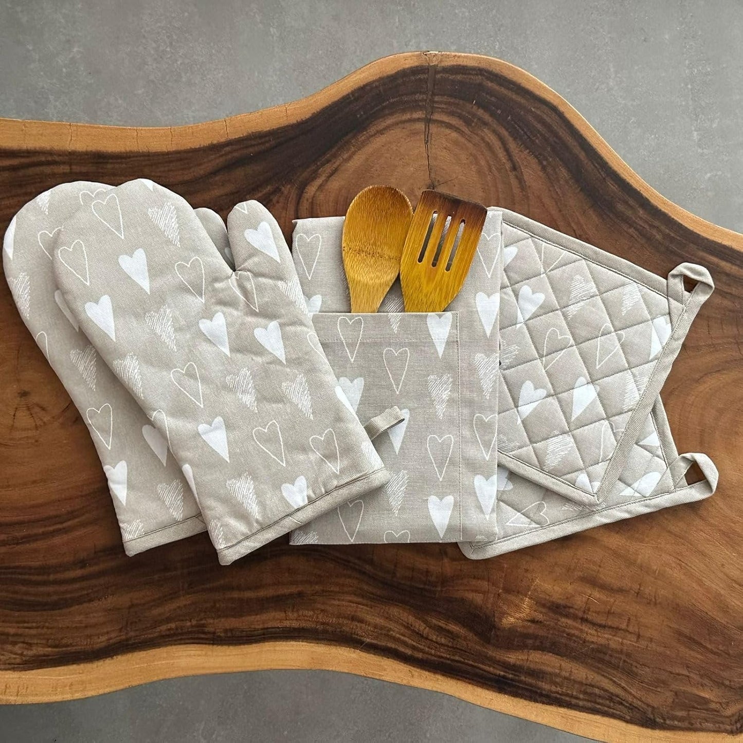 Ensemble de linge de cuisine – Tablier, maniques, dessous de plat – 100 % coton, lavable en machine – 3 pièces