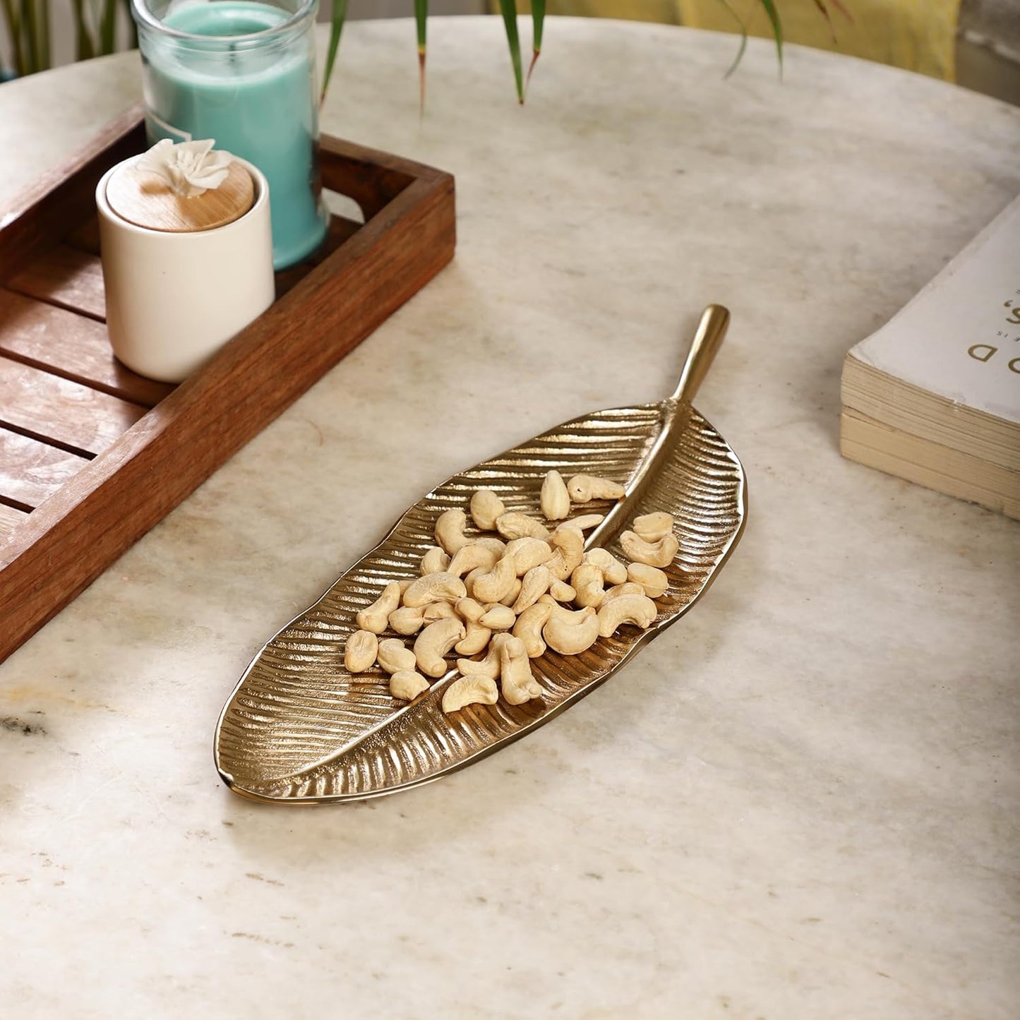 Gold Leaf Decorative Serving Tray – Centerpiece Platter – Modern Design – 14x5 Inch