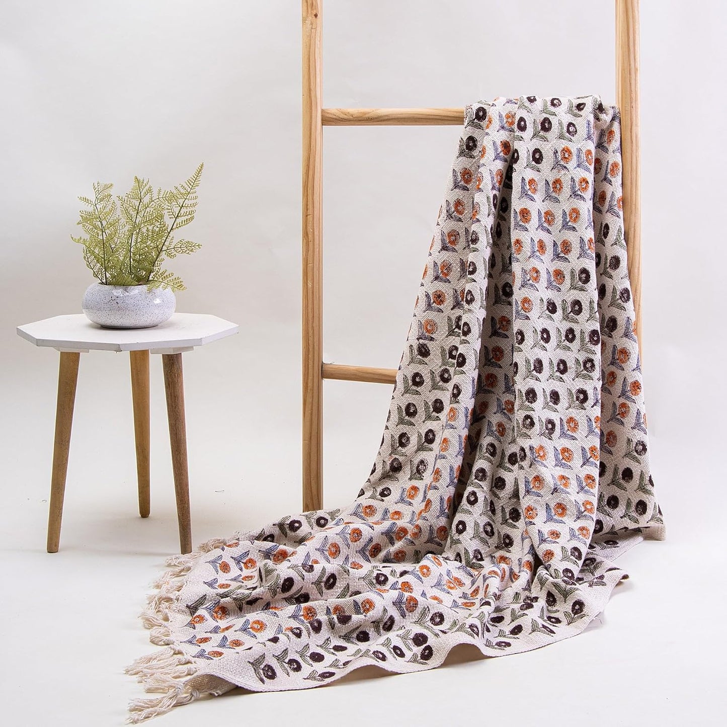 Hand Printed Throw Blanket – Reversible Cotton Bedspread – 50x70 in – Double-Sided Design