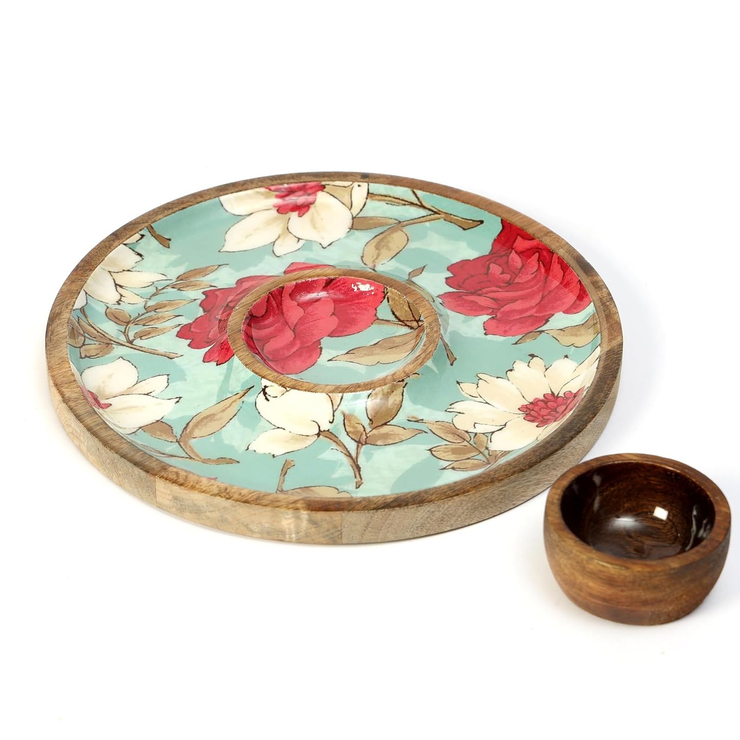 Mango Wood Serving Platter & Dip Bowl – Lacquer Coated Tableware for Retail Display – 10 Inch Round – Bird & Floral Design