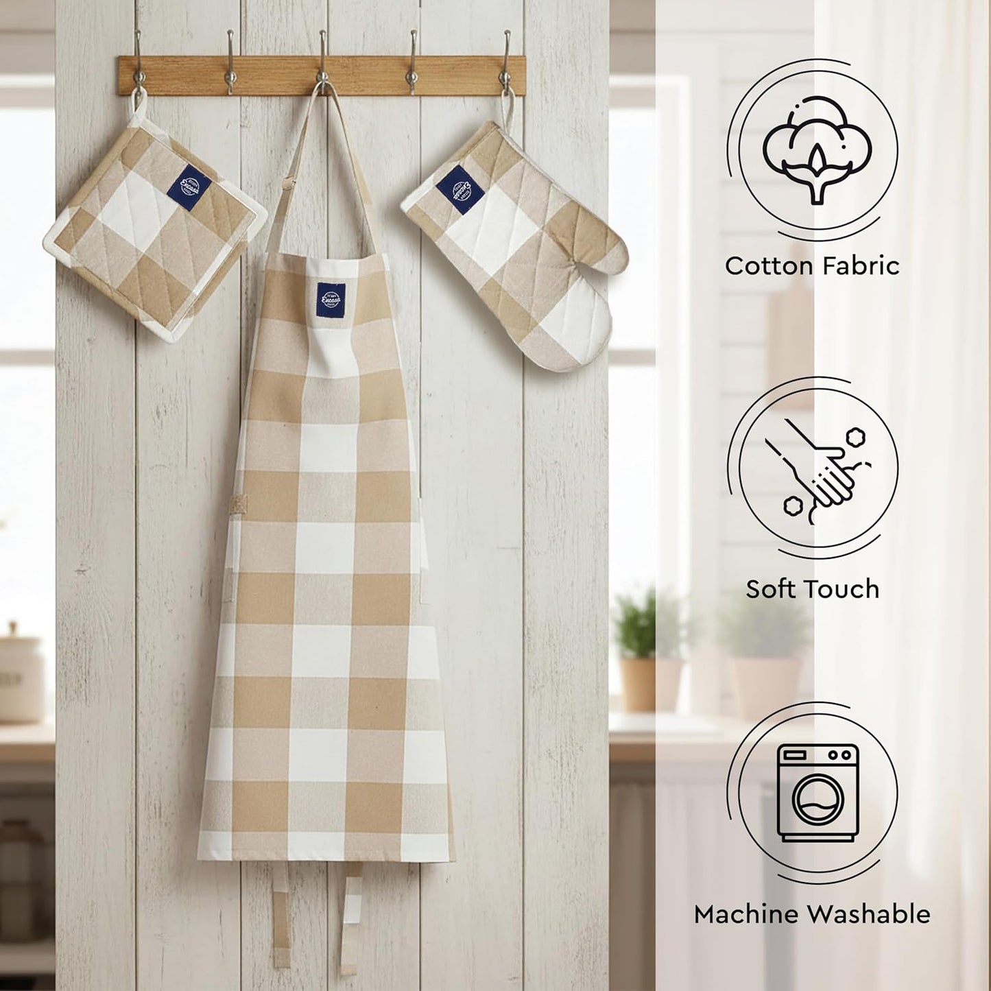 Ensemble tablier de cuisine, gant de cuisine et manique – 100 % coton, résistant à la chaleur, ajustable – 3 pièces