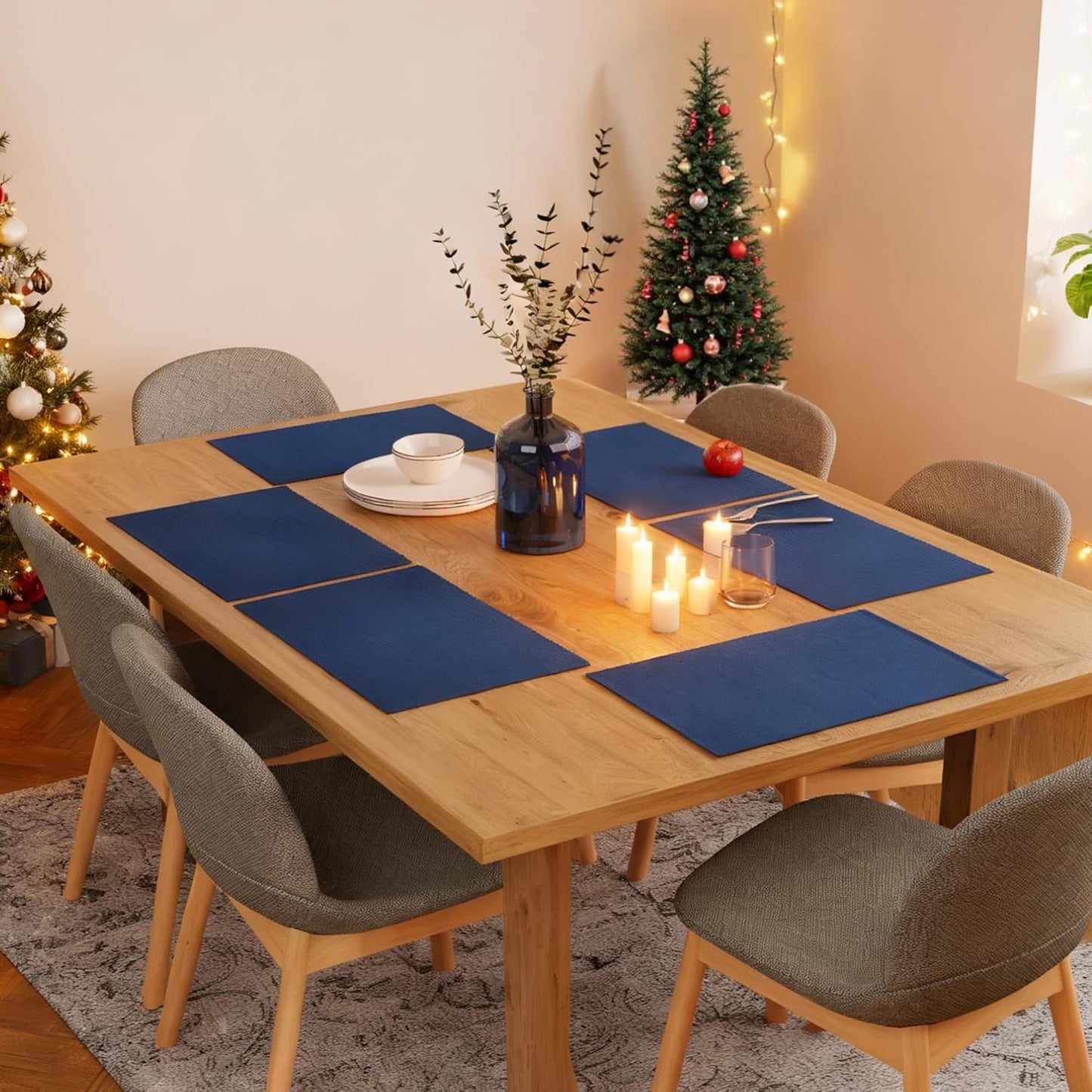 Solid Blue Ribbed Cotton Dining Table Mats Set of 6 (48x32 cm) | Heat-Resistant, Washable Placemats, Kitchen Decor