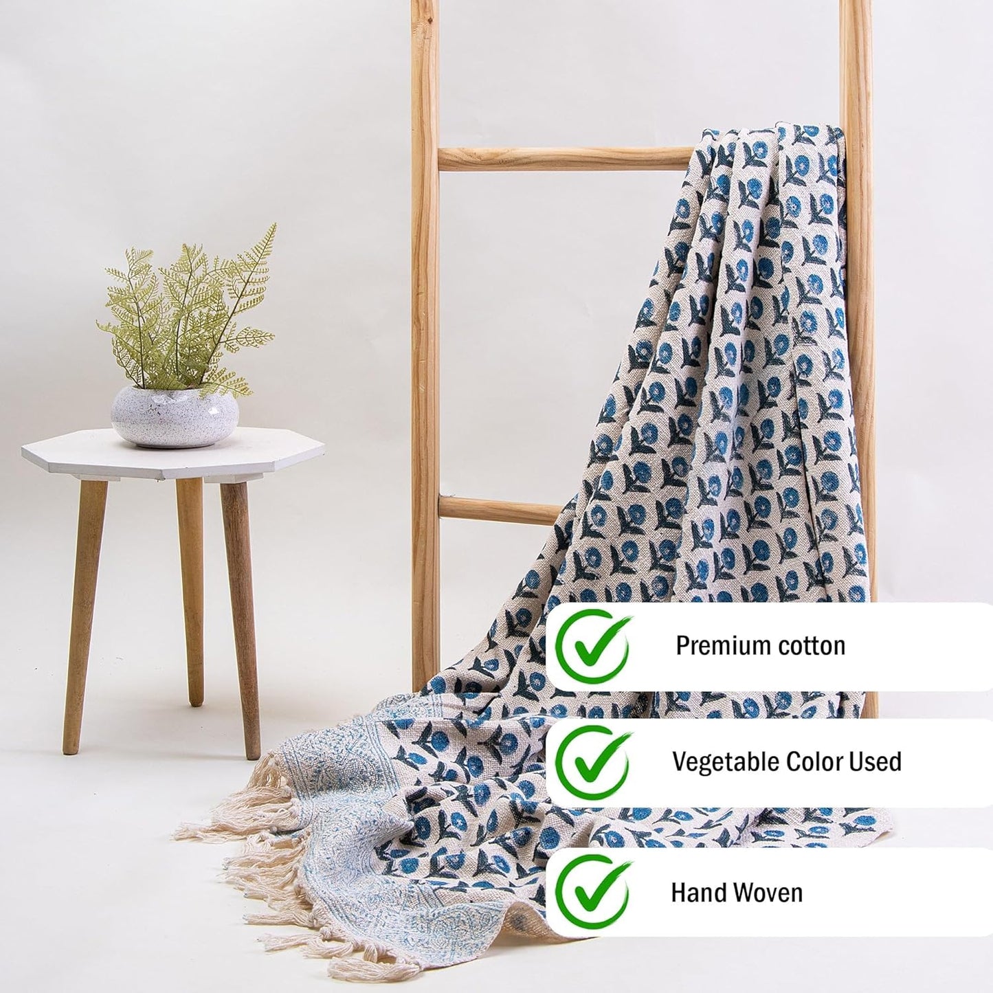 Hand Printed Throw Blanket – Sofa Coverlet – 100% Cotton – 50x70 Inch