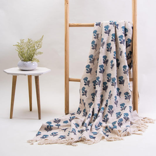 Blue Printed Throw Blanket – 100% Cotton – 50x70 in – Machine Washable
