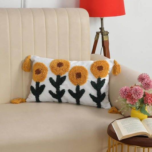 Bohemian Tufted Sunflower Cushion Cover 12x20 inch, Pack of 1 | Decorative Throw Pillow Case for Sofa, Bed, Living Room