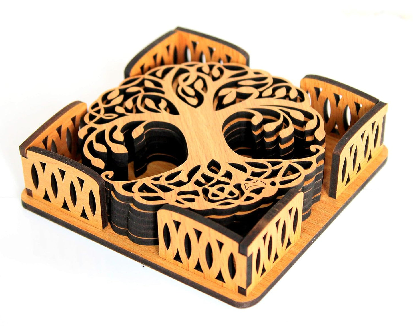 Tree of Life Wooden Coasters with Holder - Set of 6 (3.5") | Elegant Table Decor & Drinkware Gift
