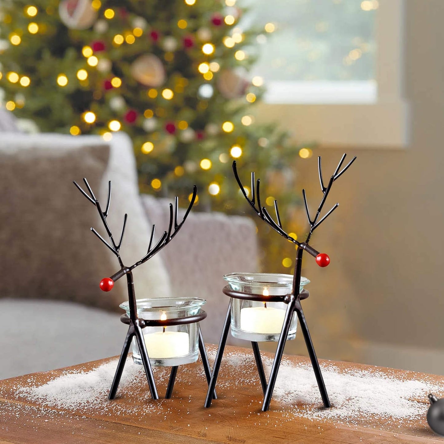 Elegant Christmas Reindeer Tealight Candle Holders, Iron with Glass | Set of 2 Festive Home Decor Gifts