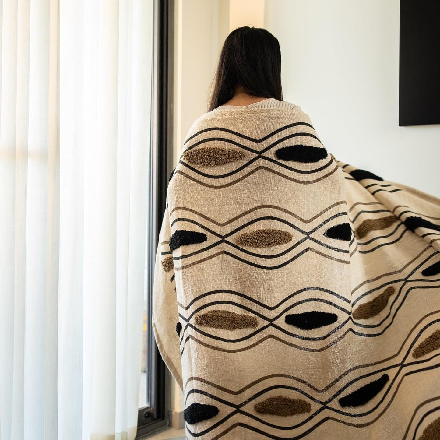 Beige Black Patterned Throw – Cotton Blanket – Natural Woven Base – 180x130 cm