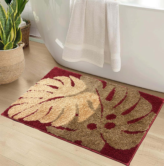 Twin Leaves Design Bath Mat | 2000 GSM Microfiber, Anti-Skid, Super Absorbent | 40x60 CM Rectangular Bathroom Rug