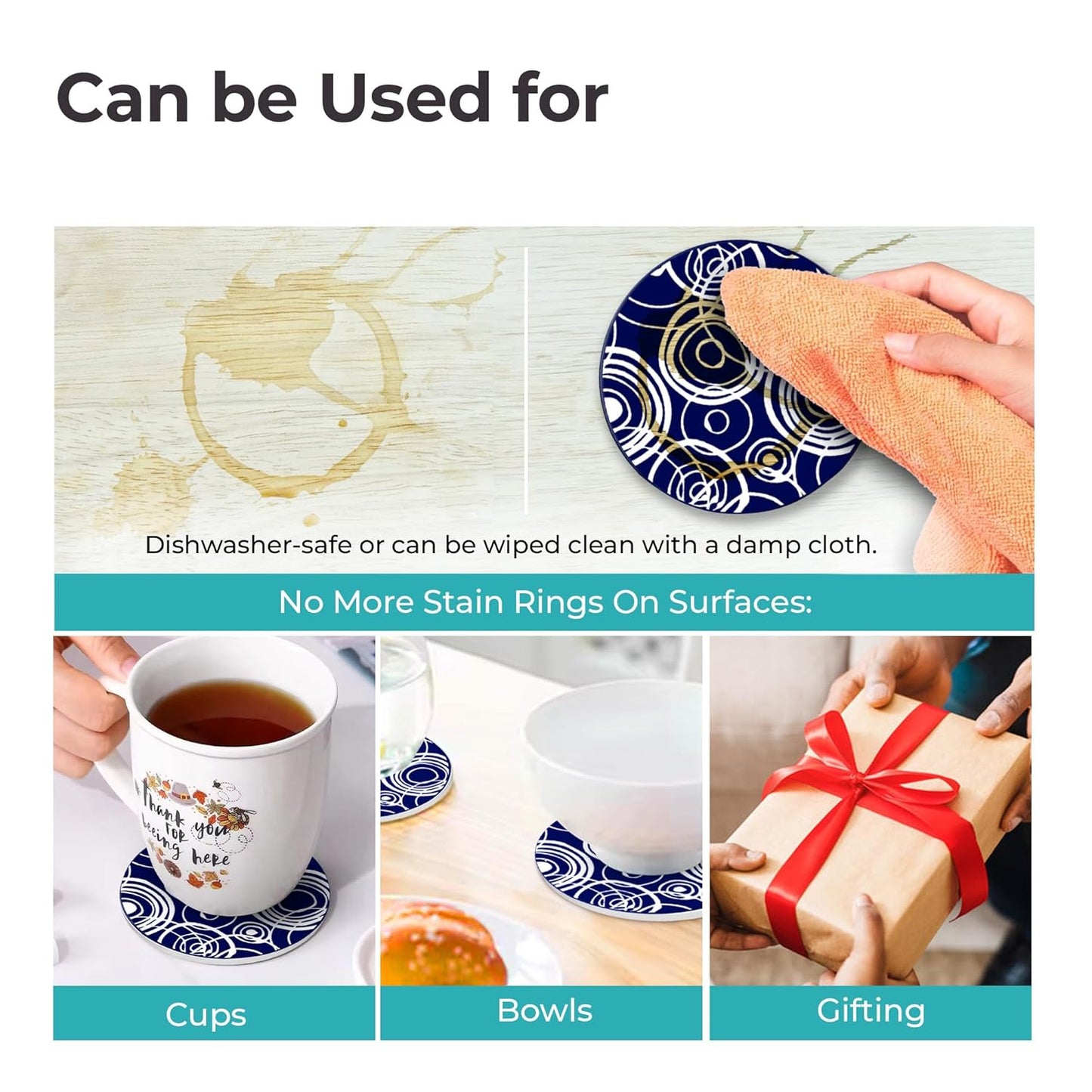 Navy White Silicone Coaster Set of 6 (10cm) with Holder | Dining Table Decor, Coffee Mugs, Glasses, Gifts for Women