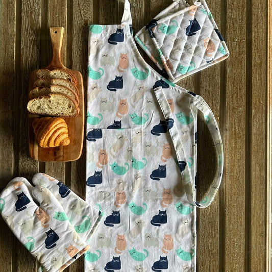 Cat Print Kitchen Linen Set – 100% Cotton, Machine Washable – Apron, Oven Mitts, Pot Holders, 3-Piece