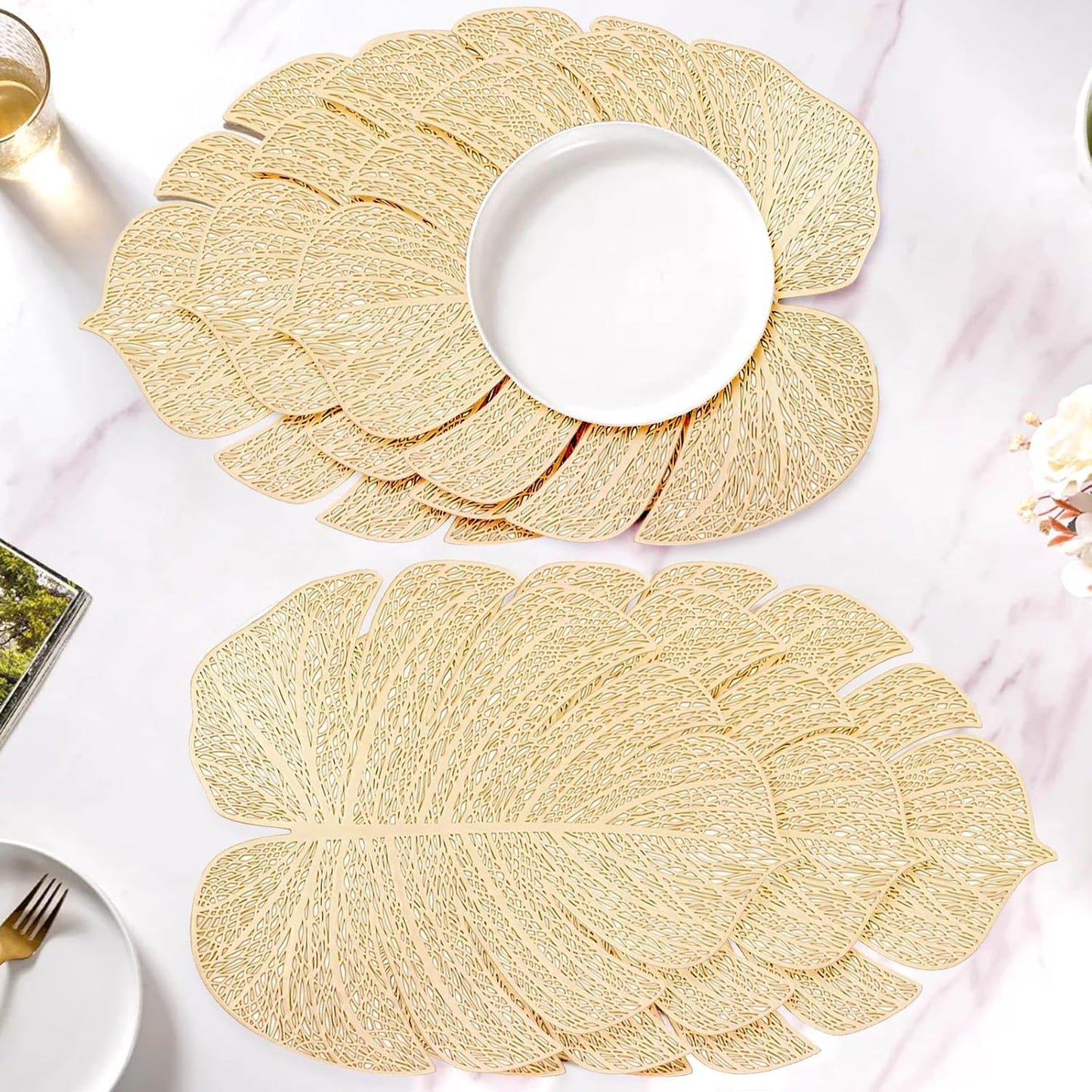 Stylish Leaf Non-Slip Heat Resistant Placemats Pack of 6 (45x36 cm) | Wipeable PVC Golden Dining Table Mats