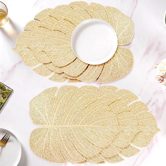 Stylish Leaf Non-Slip Heat Resistant Placemats Pack of 6 (45x36 cm) | Wipeable PVC Golden Dining Table Mats