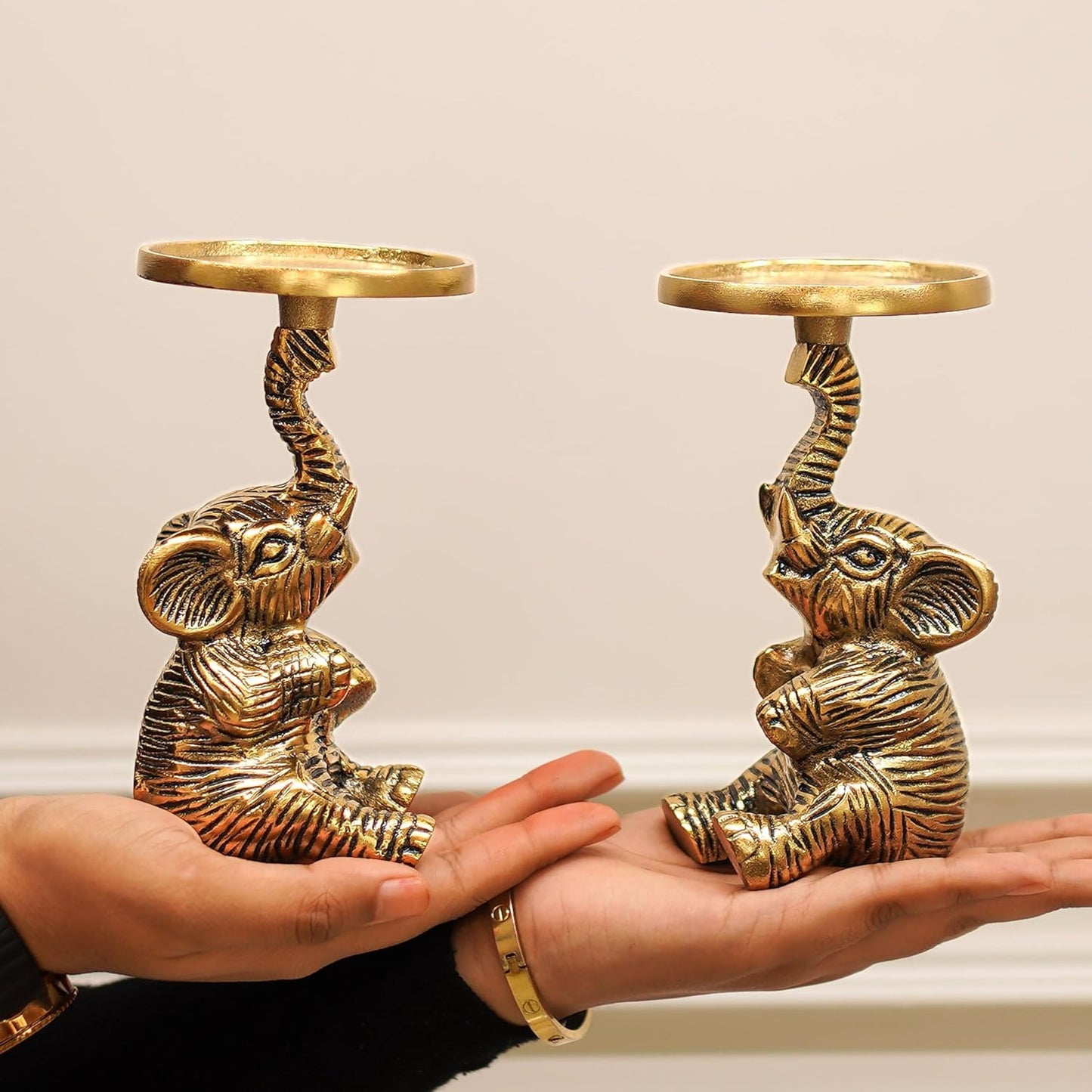 Elegant Gold Handcrafted Elephant Pillar Candle Holder Statue Set of 2 | Home Decor, Wedding, Christmas Gift, Tabletop Showpiece