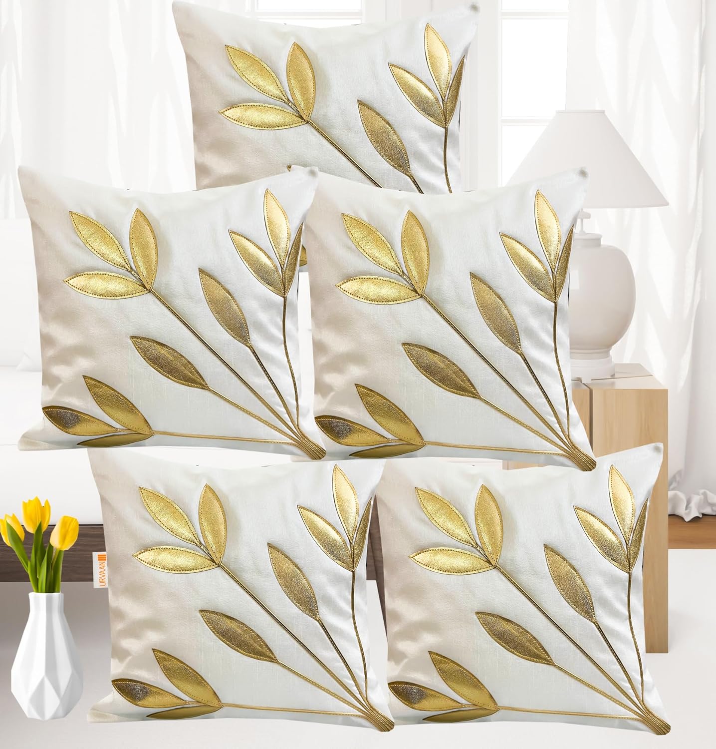 Traditional Embroidered White Golden Floral Silk Cushion Covers 16x16 Set of 5 | Decorative Sofa Pillow Cases Home Decor