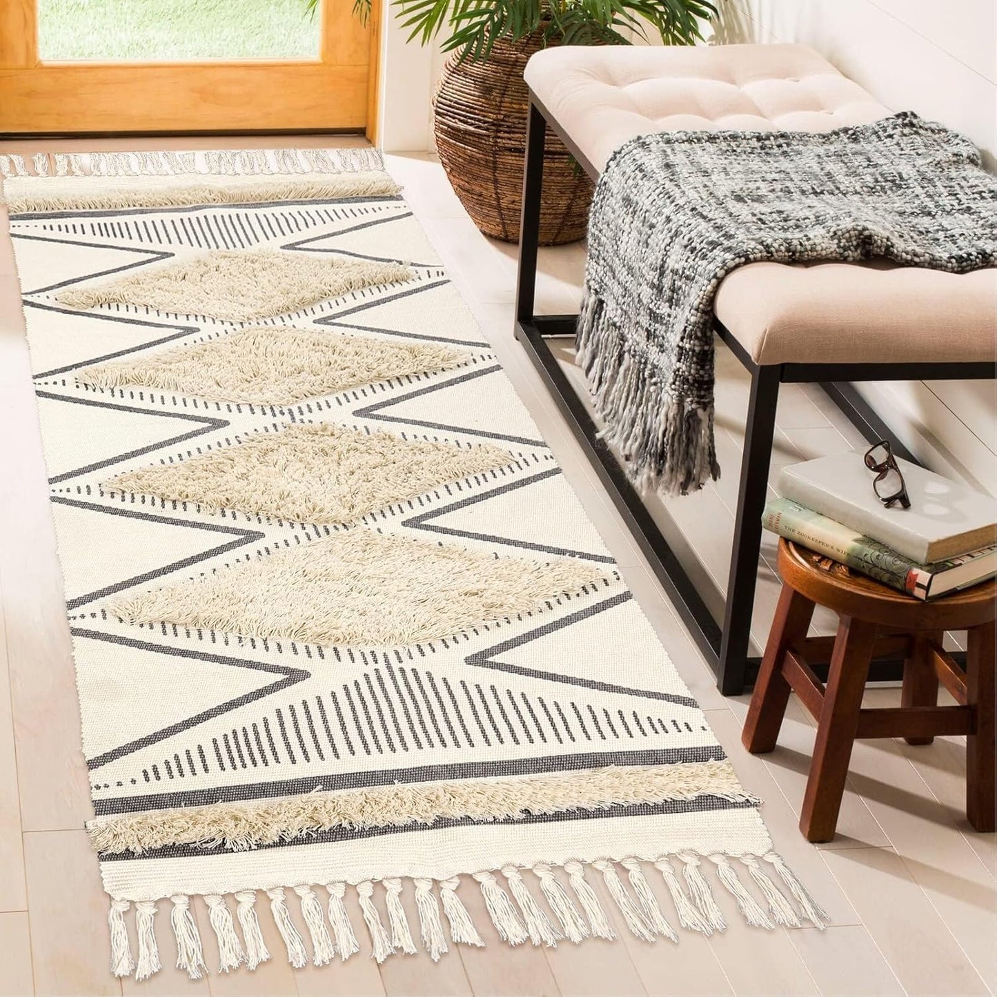 Modern Hand Woven 100% Cotton Designer Rug, 2x5 ft (White Triangle) | Washable Bedroom Living Room Floor Runner