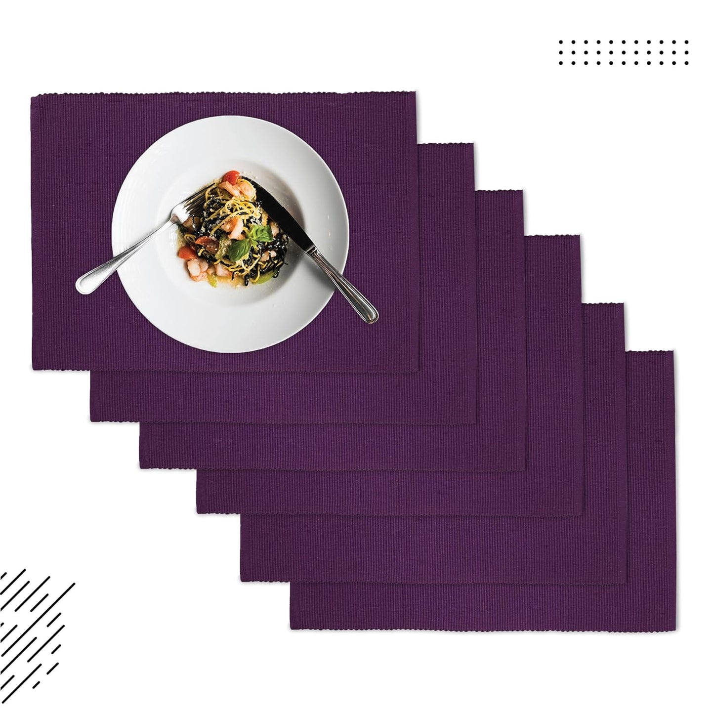 Handmade Purple Ribbed Cotton Dining Table Mats Set of 6, 48x32 cm | Heat-Resistant, Washable Placemats