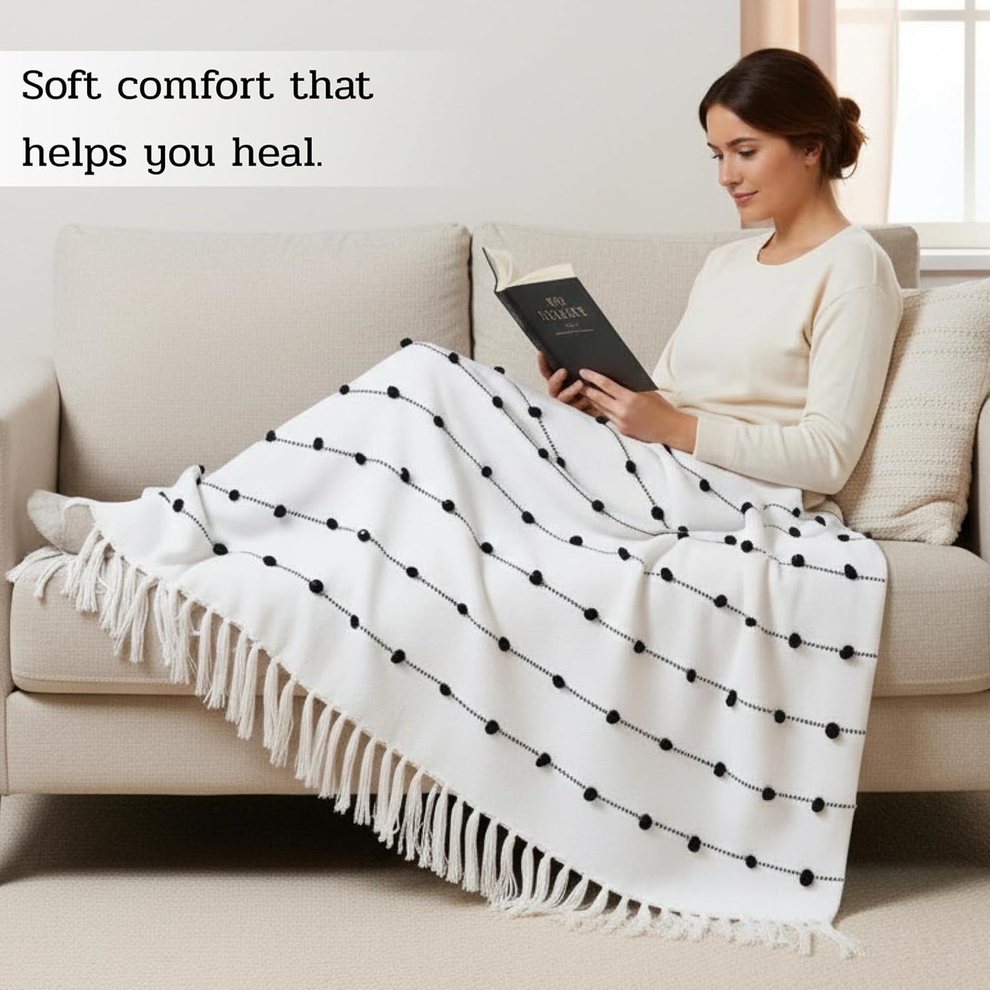 Hand-Knitted Cotton Sofa Throw – All-Season Throw Blanket – Beige & Black with Tassels – 80x52 Inches (204x132 cm)