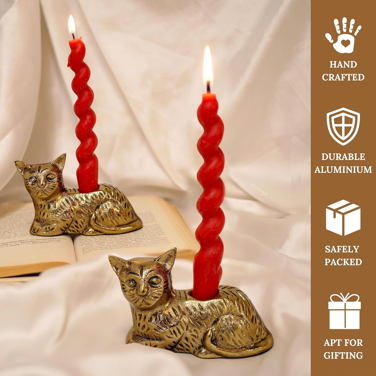 Antique Gold Cat Candle Holder Statue Set of 2 | Decorative Home Decor Figurine, Table Centerpiece, Gift