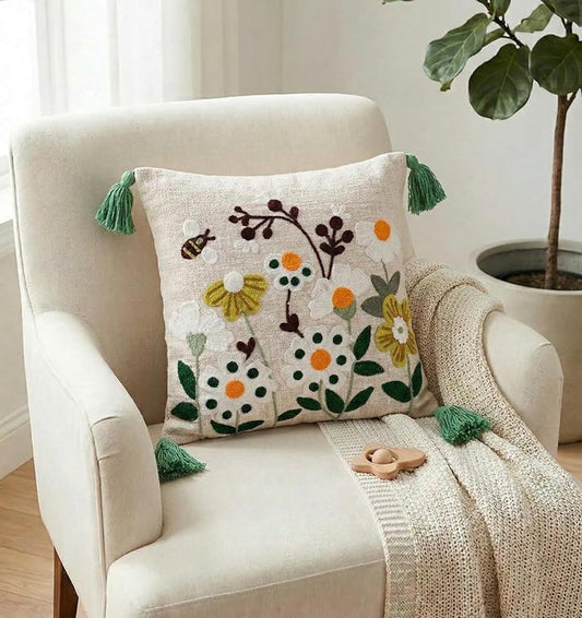 Boho Cushion Cover – Decorative Pillow Case – Embroidered Slub Cotton with Tassels – 16x16 Inch (40x40 cm)