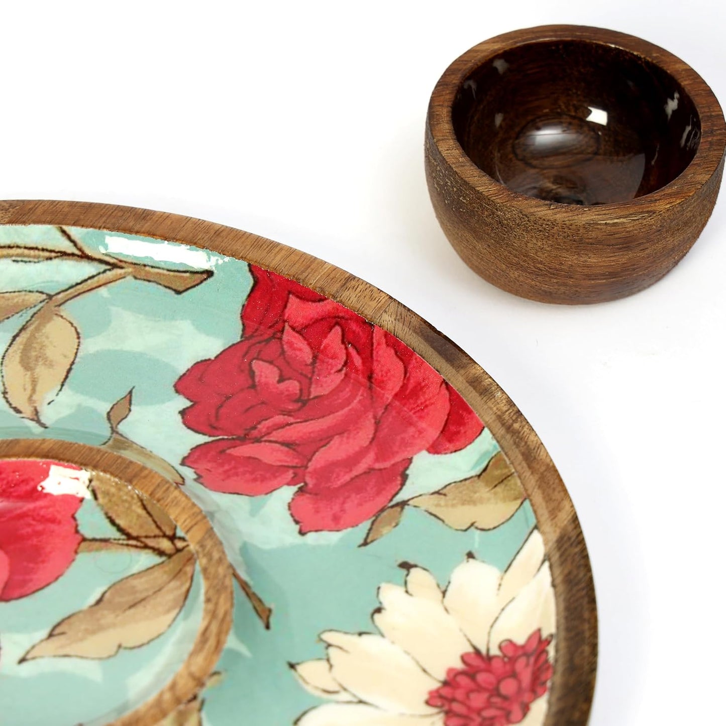 Mango Wood Serving Platter & Dip Bowl – Lacquer Coated Tableware for Retail Display – 10 Inch Round – Bird & Floral Design