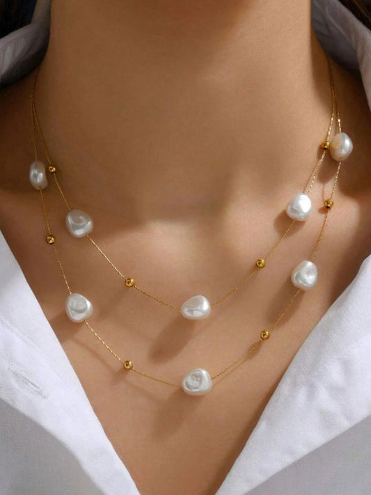 Pearl-Accented Multi-Strand Necklace – Gold-Plated Stainless Steel