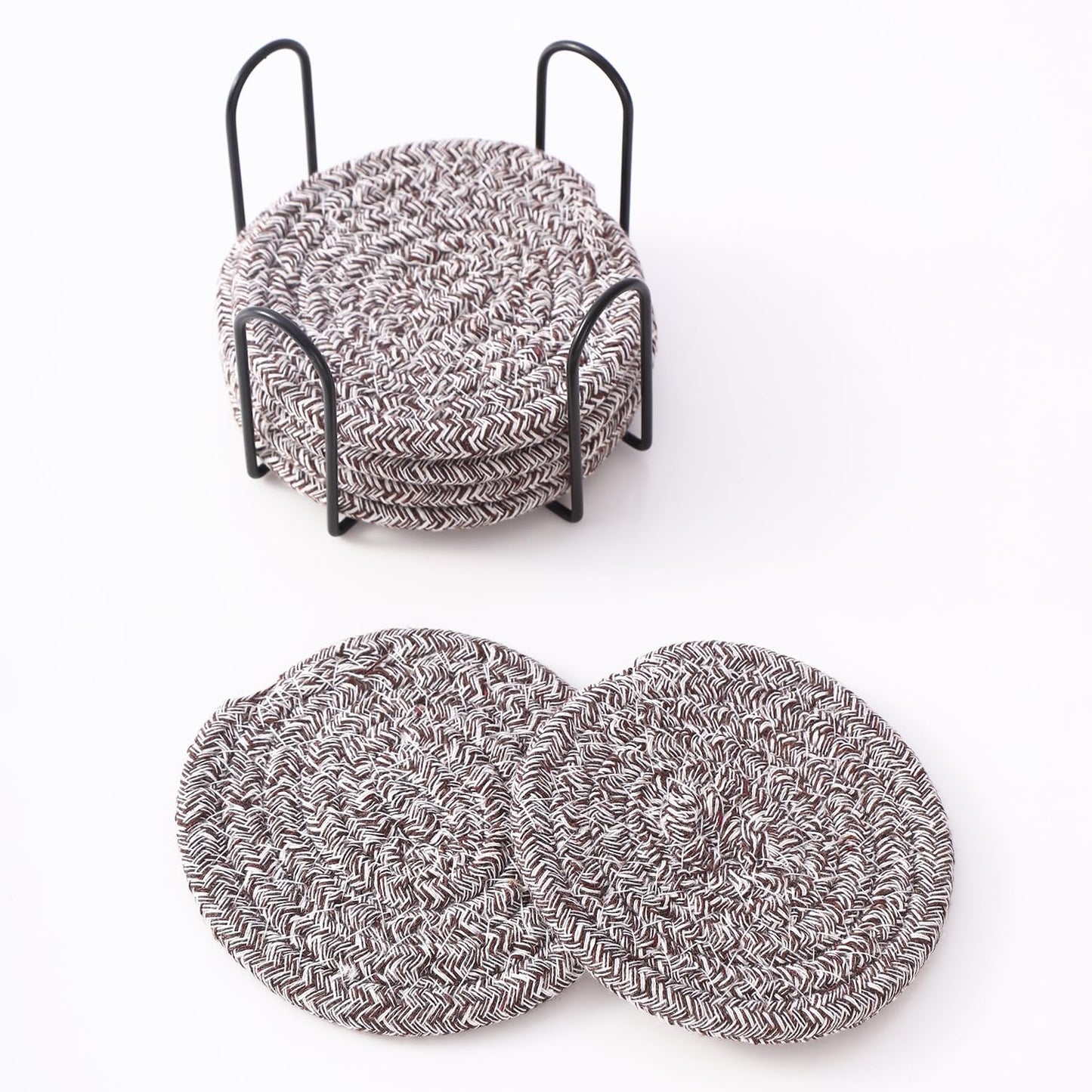 Minimalist Woven Absorbent Cotton Drink Coasters with Holder Set of 6, 4-inch | Home Décor, Tabletop, Bar, Kitchen, Gifts