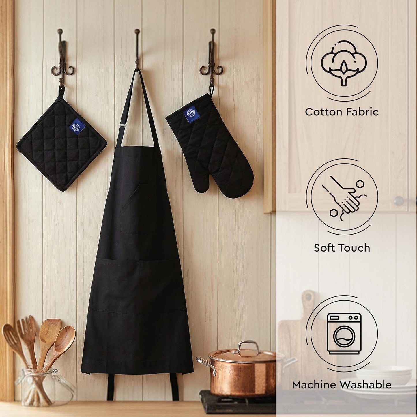 Apron, Oven Glove & Potholder Set – Kitchen Linen – 100% Cotton Heat Resistant – 3-Piece Pack