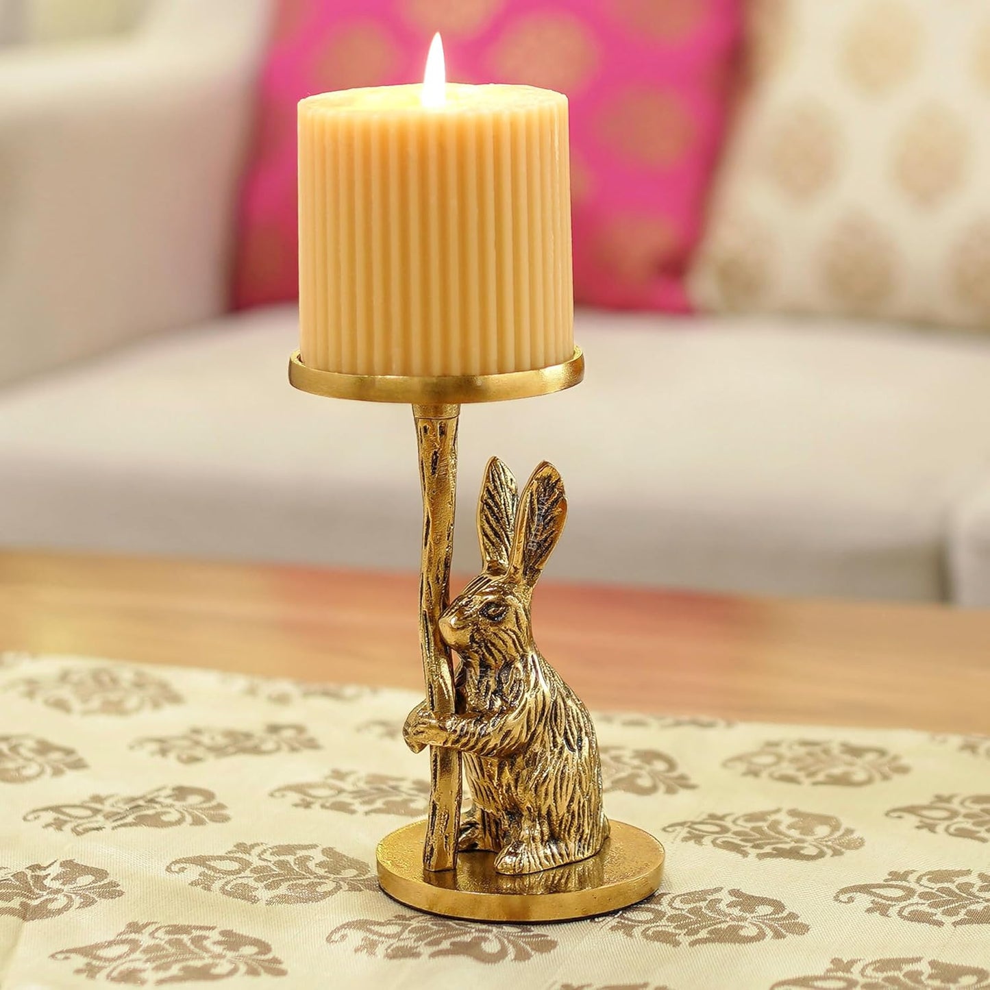 Artistic Gold Aluminium Rabbit Pillar Candle Holder Statue Tabletop | Home Decor, Christmas, Wedding Gift