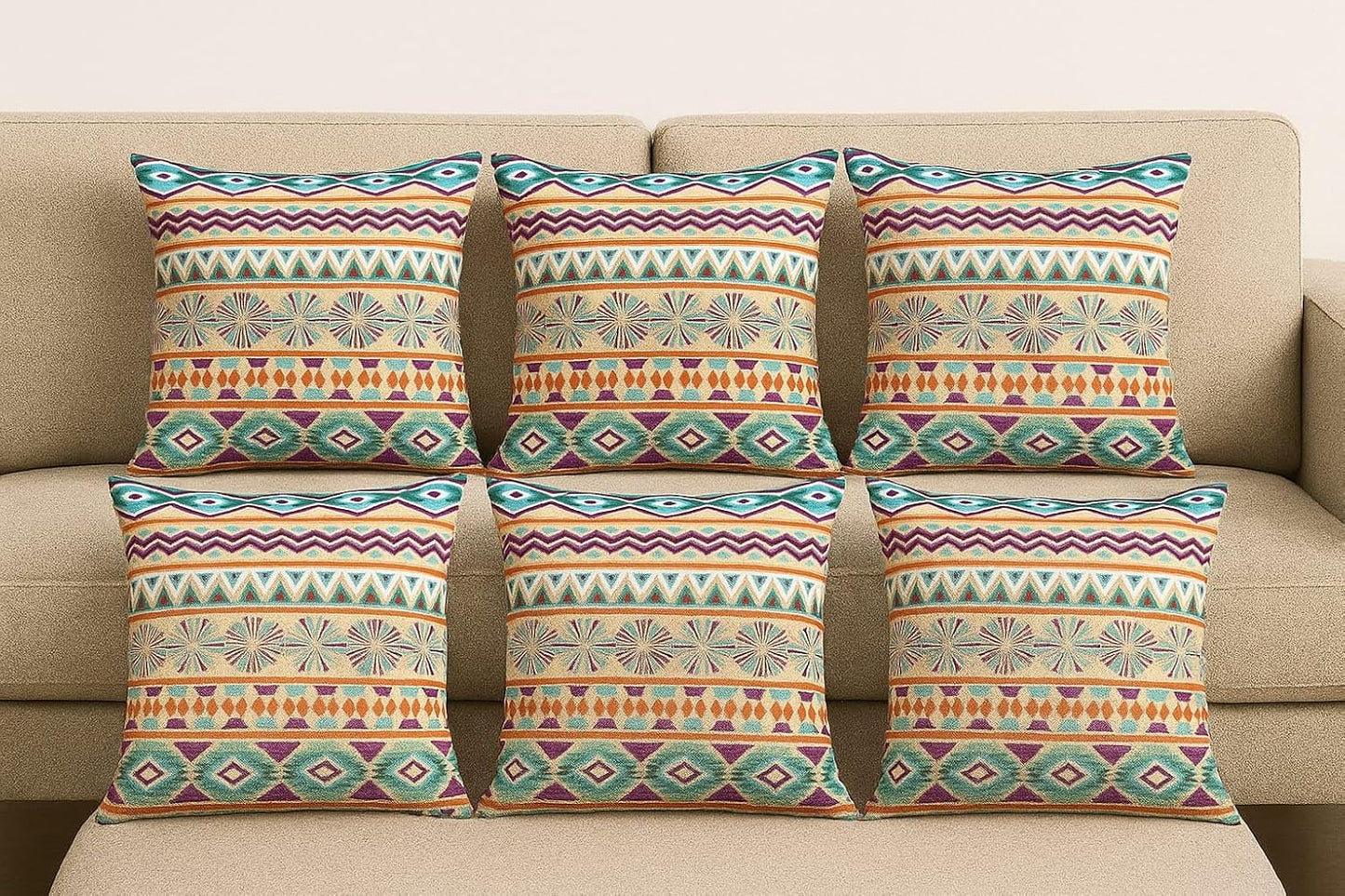 Designer Printed Decorative Jute Cushion Covers 18x18 Inch Set of 2 | Throw Pillow Shams for Sofa Couch Bed Home Decor (Multi)