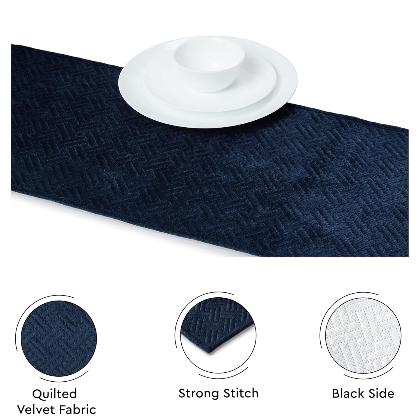 Navy Blue Quilted Velvet Machine Washable Dining Table Runner 32x150 cm for 4-6 Seater | Elegant Home Decor, Kitchen