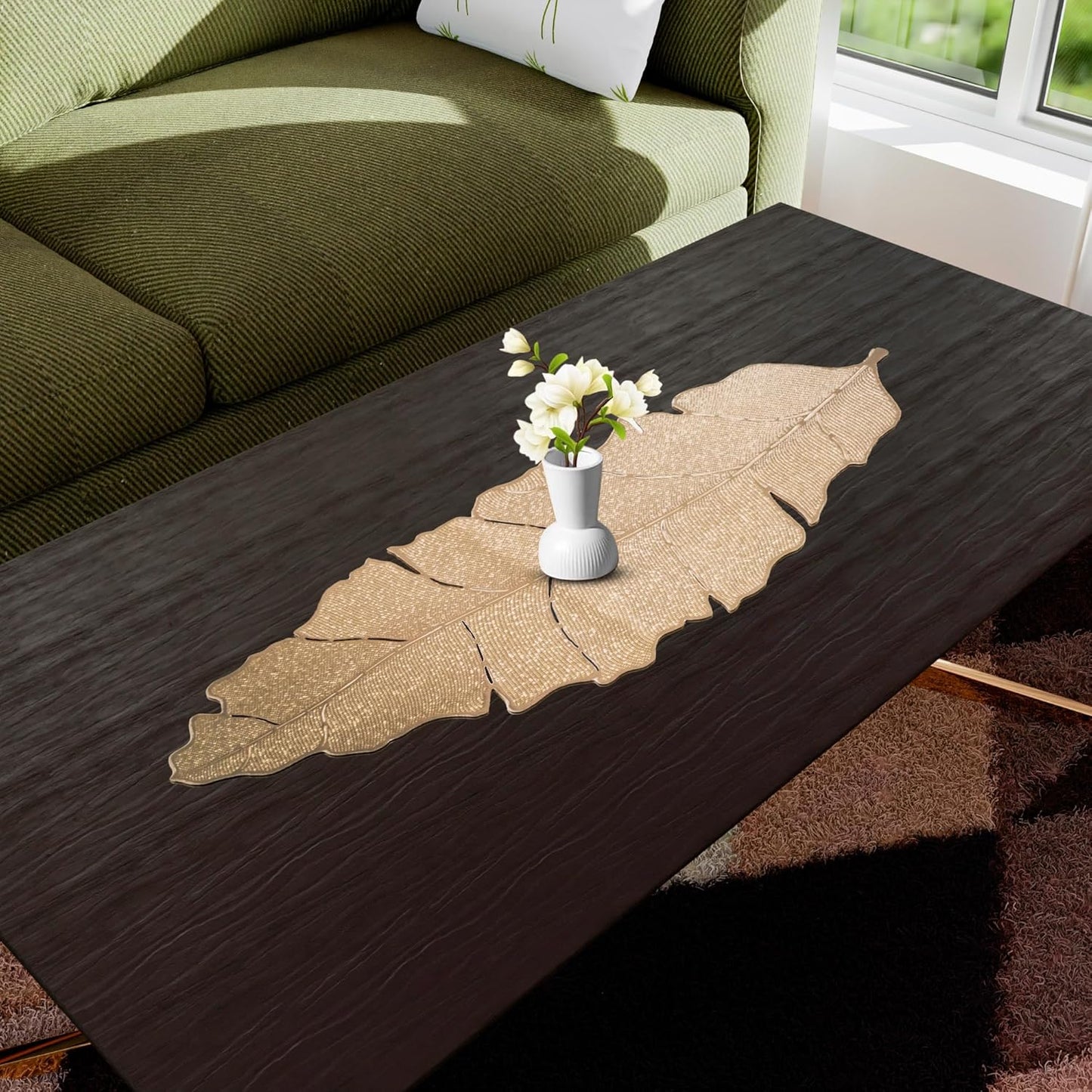 Elegant Formal Golden Leather Leaf Pattern Table Runner 92x34 cm | Durable Dining Table Decor, Home Kitchen