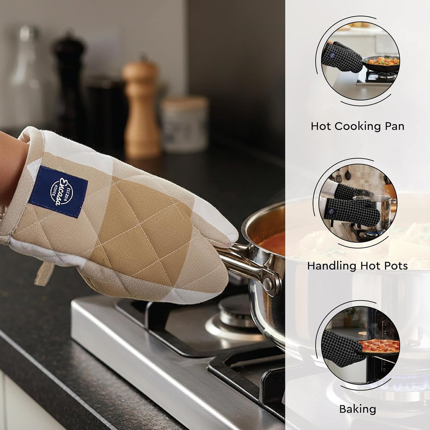 Ensemble tablier de cuisine, gant de cuisine et manique – 100 % coton, résistant à la chaleur, ajustable – 3 pièces
