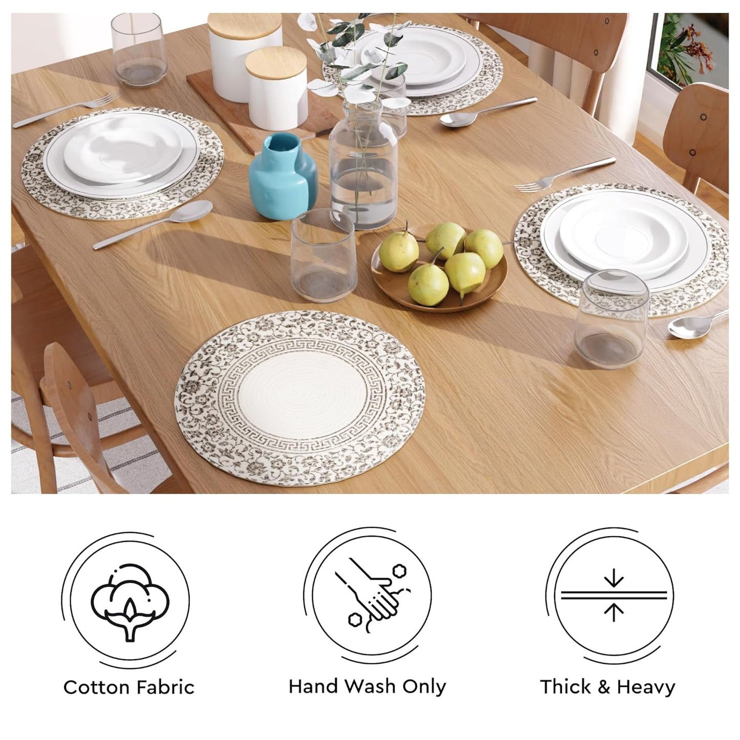 Handmade Ribbed Printed Grey Round Table Mats Set of 4 | Heat-Resistant, Washable Placemats for Dining
