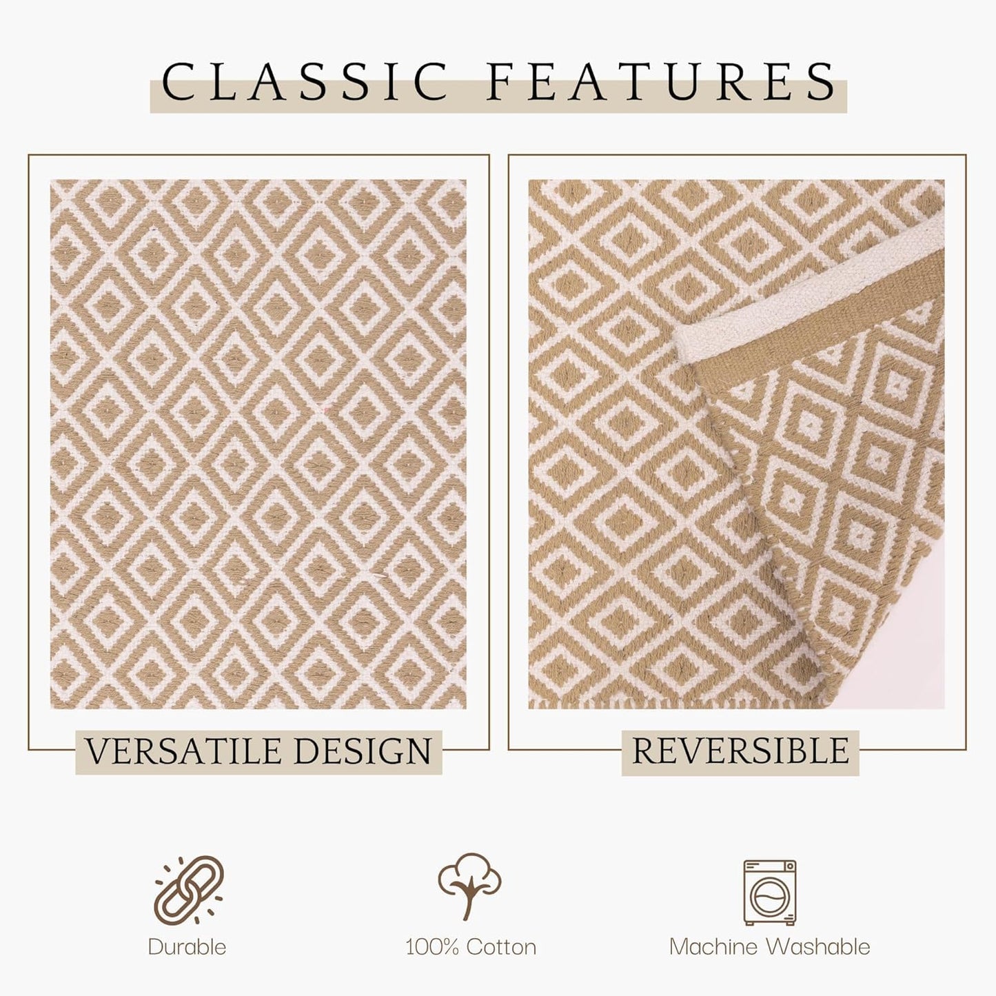 Hand Woven Natural Cotton Diamond Rug Runner 2x5 ft | Easy Care Bedroom Living Room Carpet