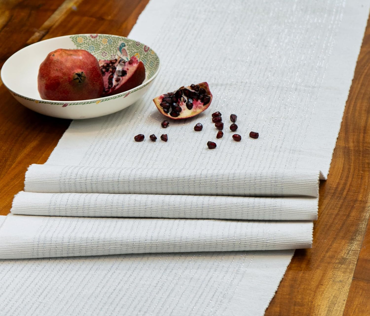 Thick Ribbed Cotton Weave Dining Table Runner, White-Silver Glitter, 63x14 inch (4-6 Seater) | Festive Kitchen Decor