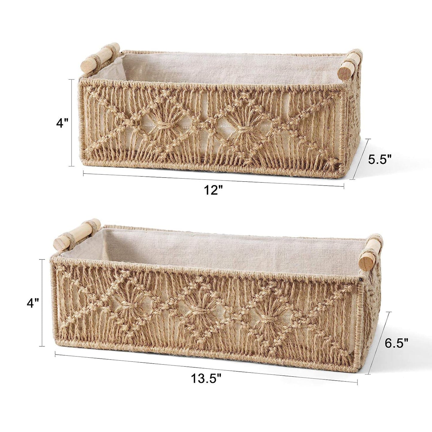 Handwoven Macrame Storage Baskets – Lined Woven Wooden Handle - 2pc